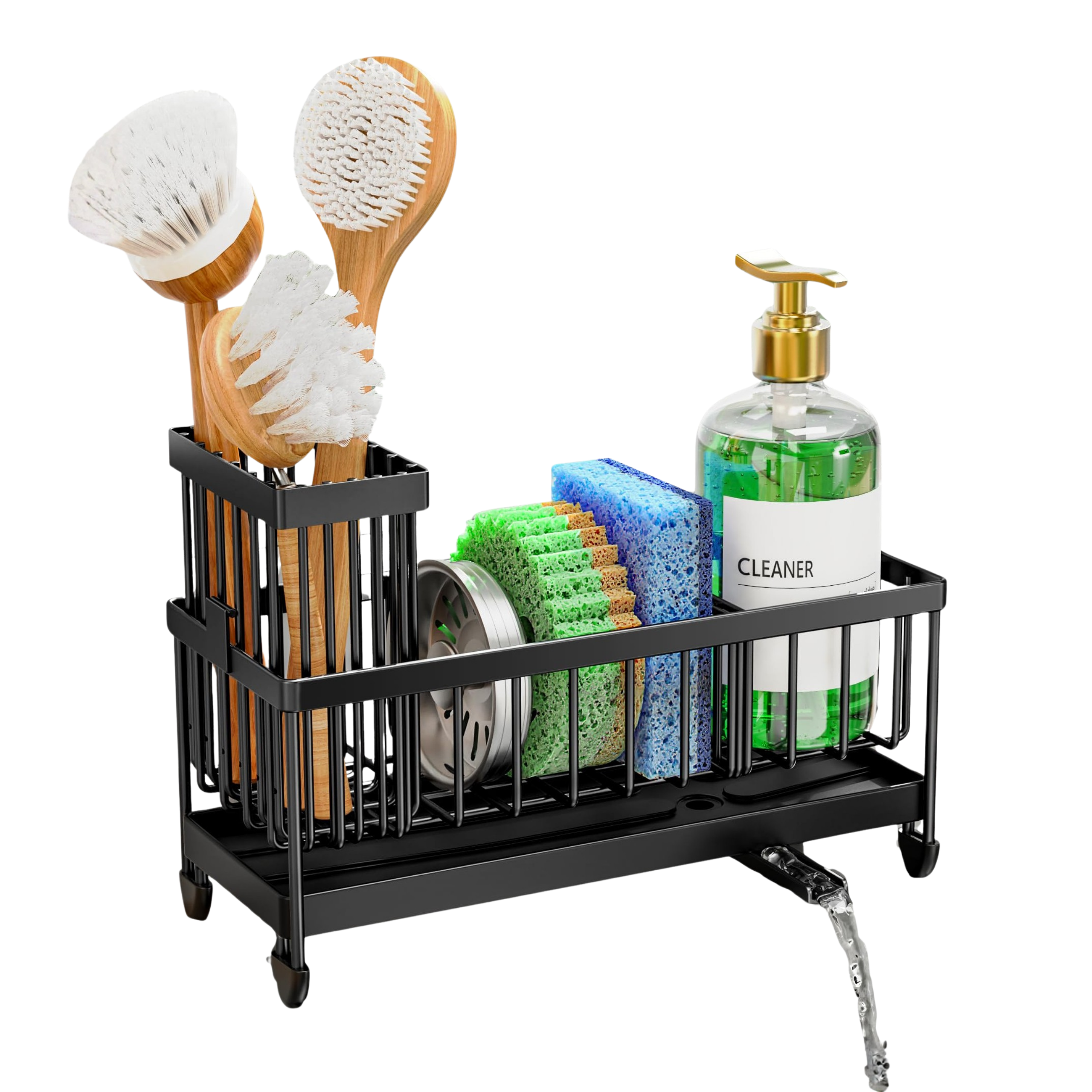 Cisily black stainless steel sponge holder sink caddy with brush holder and drain spout