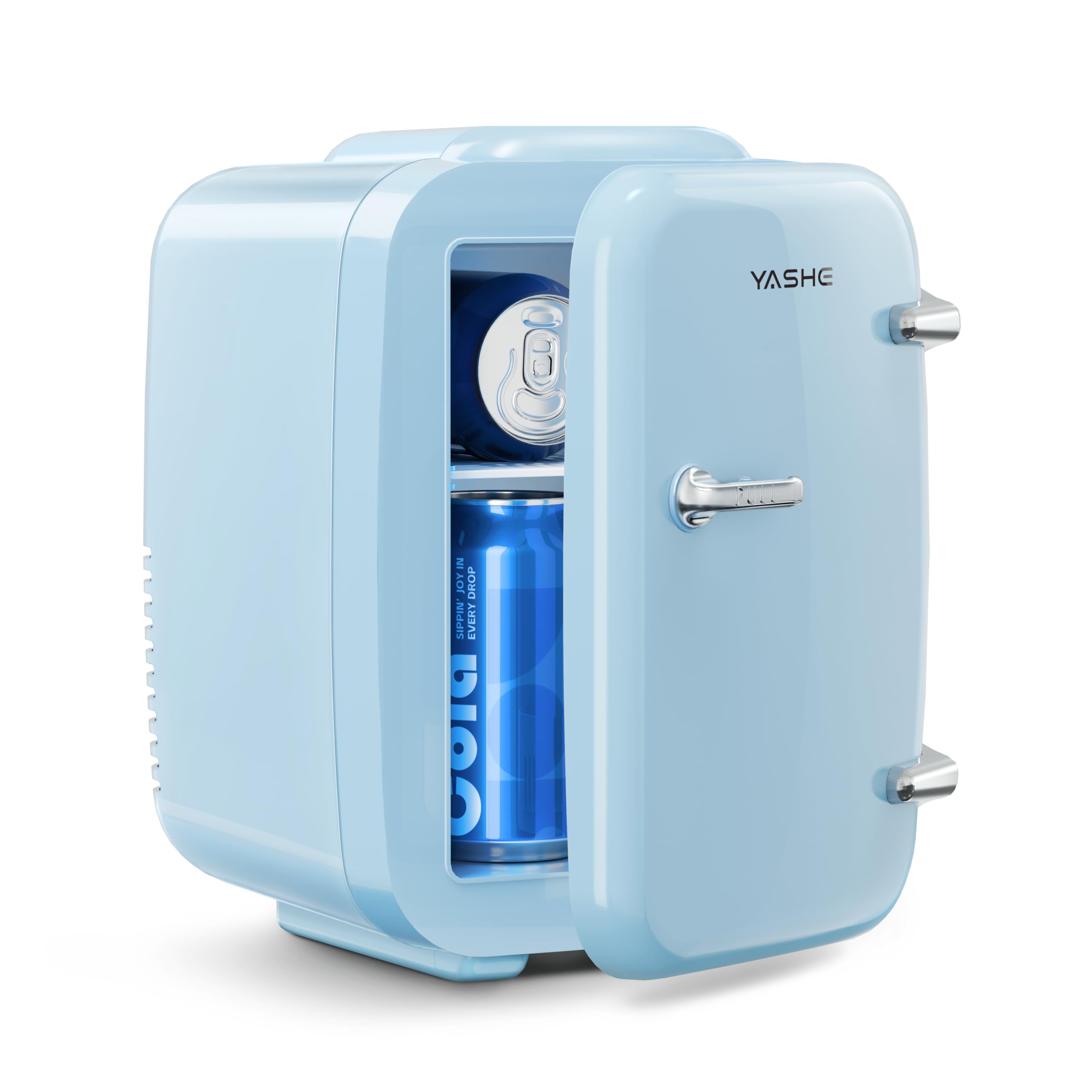 Compact mini fridge in light blue with open door showing beverage cans inside